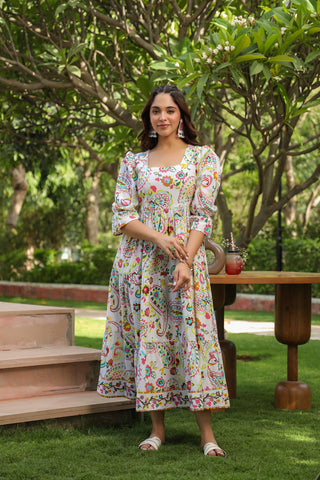 Ethnic Motifs Printed Puff Sleeves Pure Cotton Midi Dress