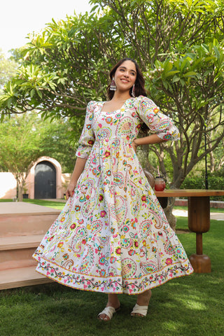 Ethnic Motifs Printed Puff Sleeves Pure Cotton Midi Dress