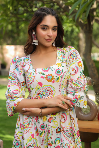 Ethnic Motifs Printed Puff Sleeves Pure Cotton Midi Dress
