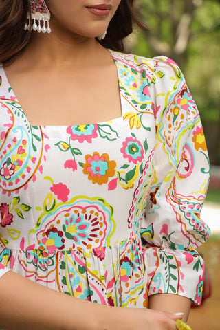 Ethnic Motifs Printed Puff Sleeves Pure Cotton Midi Dress