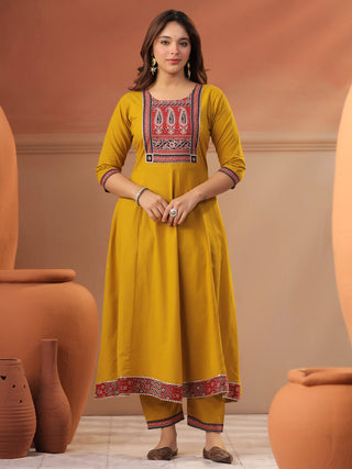 Mustard Printed 3-Piece Anarkali Kurta Set