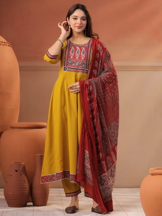 Mustard Printed 3-Piece Anarkali Kurta Set