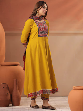 Mustard Printed 3-Piece Anarkali Kurta Set