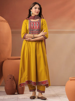Mustard Printed 3-Piece Anarkali Kurta Set