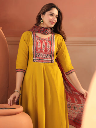 Mustard Printed 3-Piece Anarkali Kurta Set