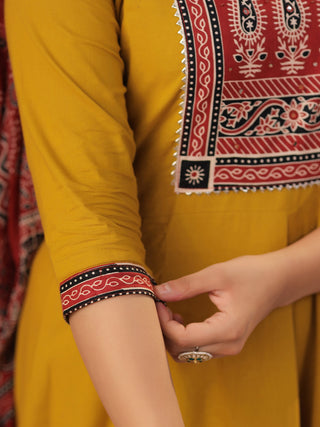 Mustard Printed 3-Piece Anarkali Kurta Set