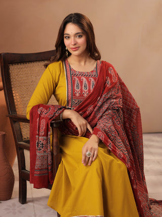 Mustard Printed 3-Piece Anarkali Kurta Set