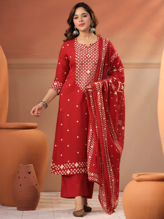 Women Ethnic Motifs Printed Regular Mirror Work Pure Cotton Kurta with Trousers & With Dupatta
