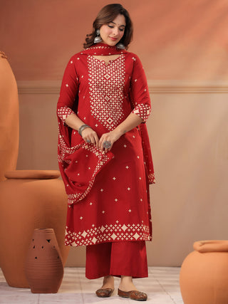 Women Ethnic Motifs Printed Regular Mirror Work Pure Cotton Kurta with Trousers & With Dupatta