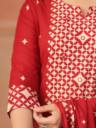 Women Ethnic Motifs Printed Regular Mirror Work Pure Cotton Kurta with Trousers & With Dupatta