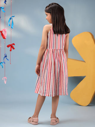 Girls Striped Pure Cotton Fit & Flared Ethnic Dresses