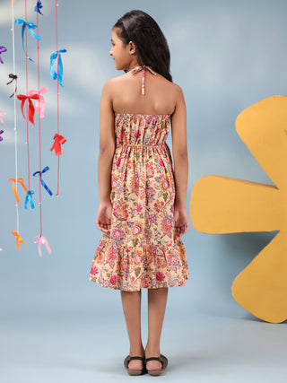 Girls Floral Printed Halter Neck Tiered Fit and Flare Midi Dress