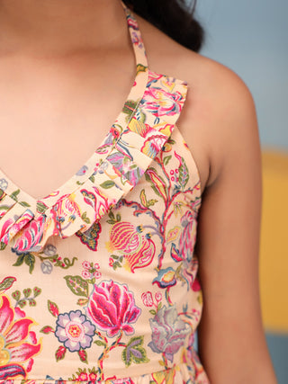 Girls Floral Printed Halter Neck Tiered Fit and Flare Midi Dress