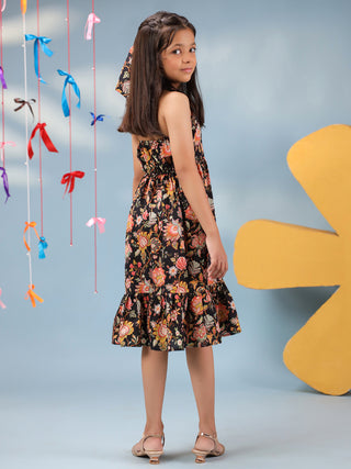 Girls Floral Printed Pure Cotton V-Neck Fit & Flared Ethnic Dresses