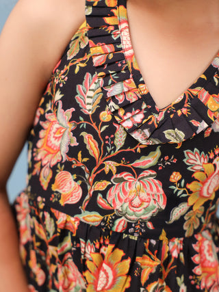 Girls Floral Printed Pure Cotton V-Neck Fit & Flared Ethnic Dresses