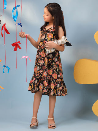 Girls Floral Printed Pure Cotton V-Neck Fit & Flared Ethnic Dresses