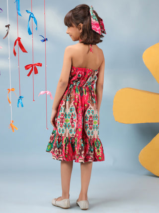 Girls Ethnic Motif Printed V-Neck Fit & Flared Dresses