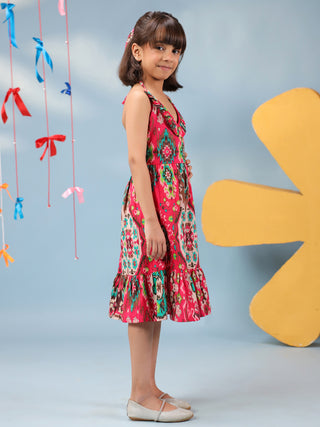 Girls Ethnic Motif Printed V-Neck Fit & Flared Dresses