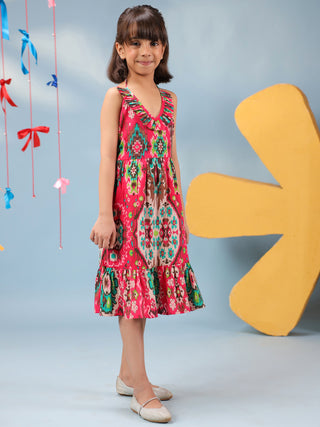 Girls Ethnic Motif Printed V-Neck Fit & Flared Dresses