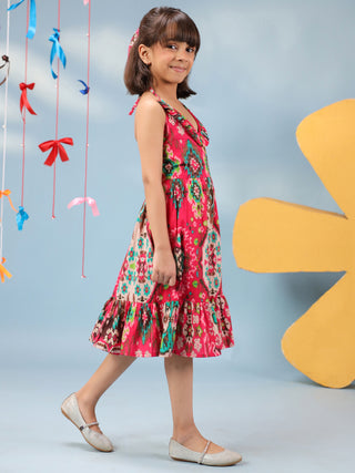 Girls Ethnic Motif Printed V-Neck Fit & Flared Dresses