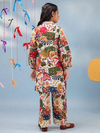 Girls Floral Printed Tie-Up Neck Pure Cotton Straight Kurta With Trousers