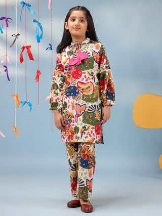 Girls Floral Printed Tie-Up Neck Pure Cotton Straight Kurta With Trousers
