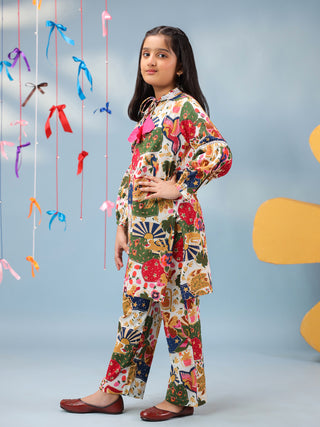 Girls Floral Printed Tie-Up Neck Pure Cotton Straight Kurta With Trousers