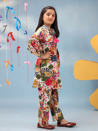 Girls Floral Printed Tie-Up Neck Pure Cotton Straight Kurta With Trousers