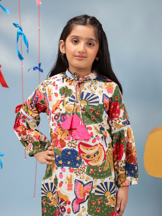 Girls Floral Printed Tie-Up Neck Pure Cotton Straight Kurta With Trousers
