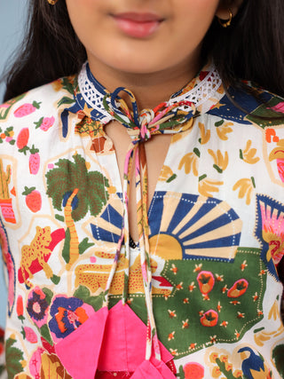 Girls Floral Printed Tie-Up Neck Pure Cotton Straight Kurta With Trousers