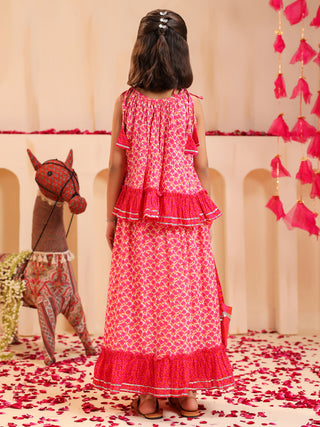 Girls Floral Printed Gotta Patti Pure Cotton Top with Skirt & Dupatta