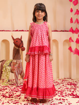 Girls Floral Printed Gotta Patti Pure Cotton Top with Skirt & Dupatta