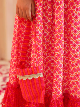 Girls Floral Printed Gotta Patti Pure Cotton Top with Skirt & Dupatta