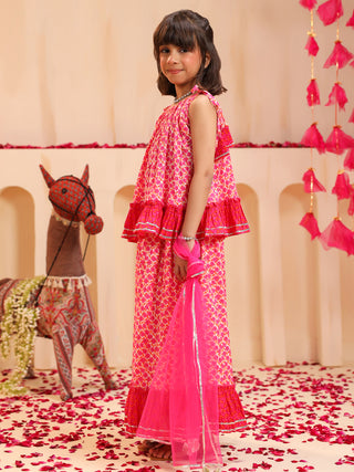 Girls Floral Printed Gotta Patti Pure Cotton Top with Skirt & Dupatta