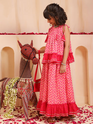 Girls Floral Printed Gotta Patti Pure Cotton Top with Skirt & Dupatta