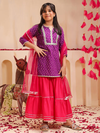 Girls Bandhani Printed Regular Gotta Patti Pure Cotton Kurti with Sharara & With Dupatta