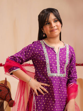 Girls Bandhani Printed Regular Gotta Patti Pure Cotton Kurti with Sharara & With Dupatta
