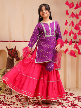 Girls Bandhani Printed Regular Gotta Patti Pure Cotton Kurti with Sharara & With Dupatta