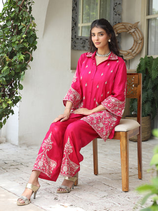 Women Embroidered Shirt with Trousers Co-ord Set