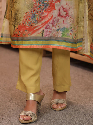 Peacock Printed Thread Work Chanderi Cotton Kurta With Trousers & Dupatta