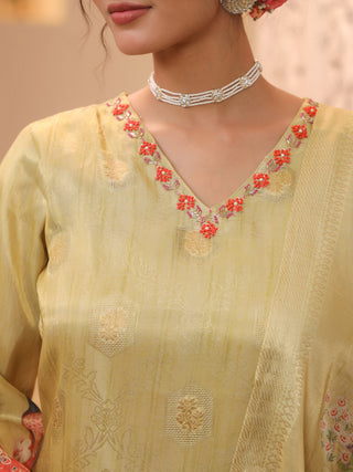 Peacock Printed Thread Work Chanderi Cotton Kurta With Trousers & Dupatta