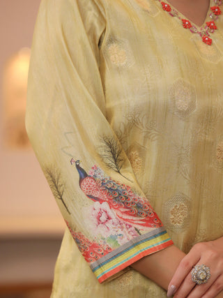 Peacock Printed Thread Work Chanderi Cotton Kurta With Trousers & Dupatta