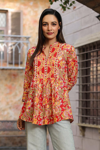 Floral Printed Mandarin Collar Cotton Peplum Top