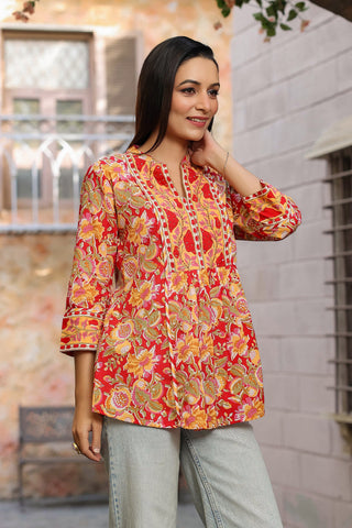 Floral Printed Mandarin Collar Cotton Peplum Top