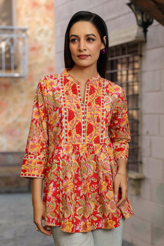 Floral Printed Mandarin Collar Cotton Peplum Top