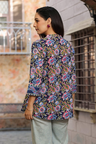 Floral Print Mandarin Collar Cotton Top