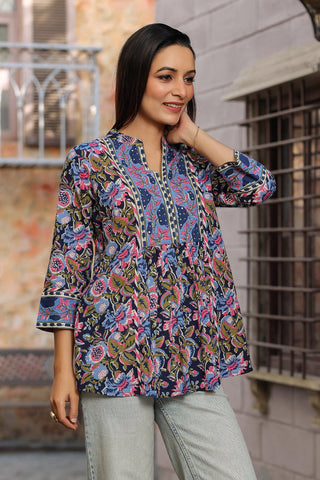 Floral Print Mandarin Collar Cotton Top