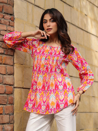 Women Orange Ikat Printed Pure Cotton Kurti