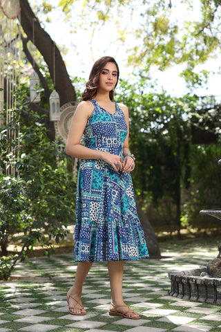 Ethnic Motifs Printed Gathered Pure Cotton A- Line Midi Dress