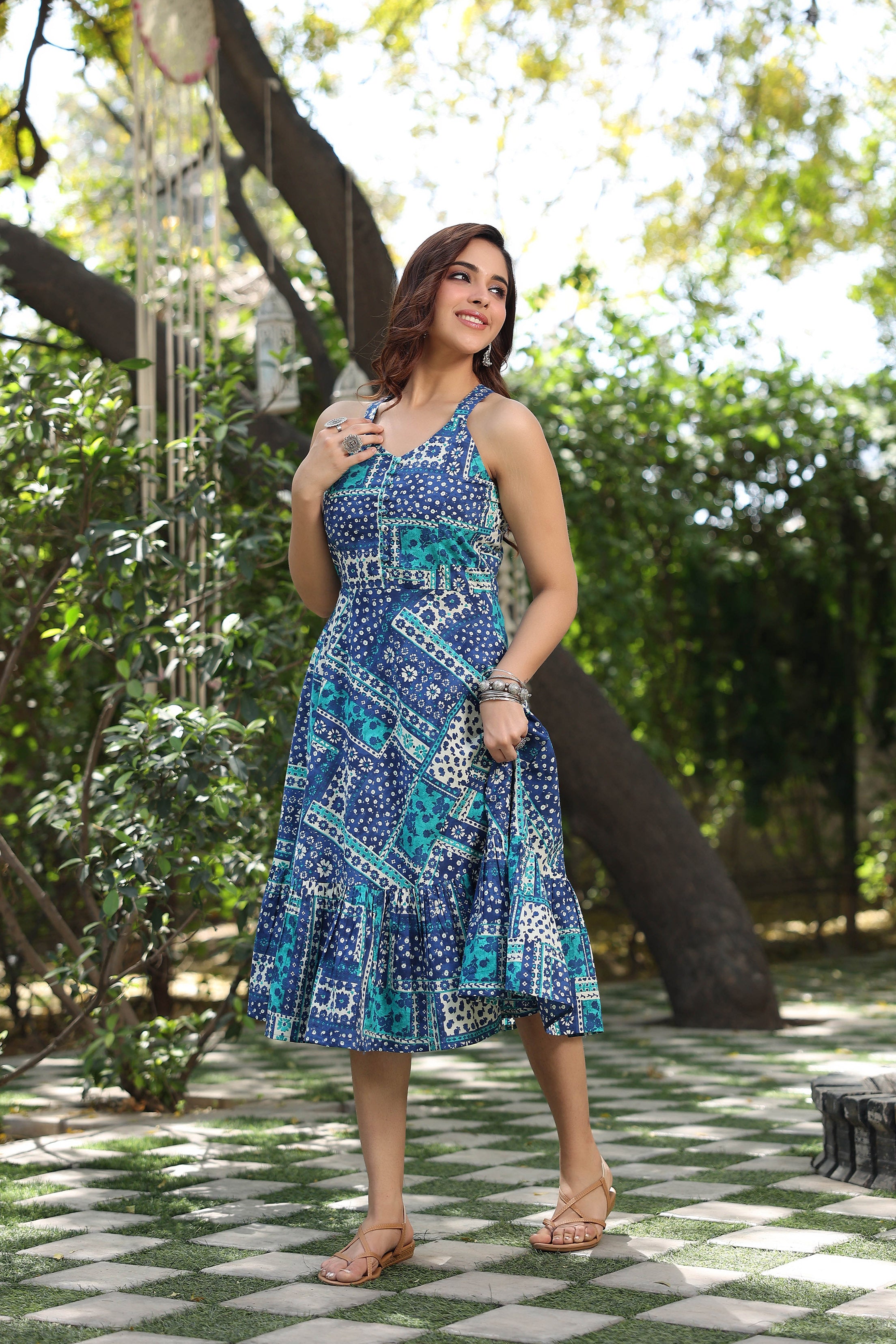 Ethnic Motifs Printed Gathered Pure Cotton A- Line Midi Dress Rain & Rainbow Ethnic Motifs Printed Gathered Pure Cotton A- Line Midi Dress Rain & Rainbow